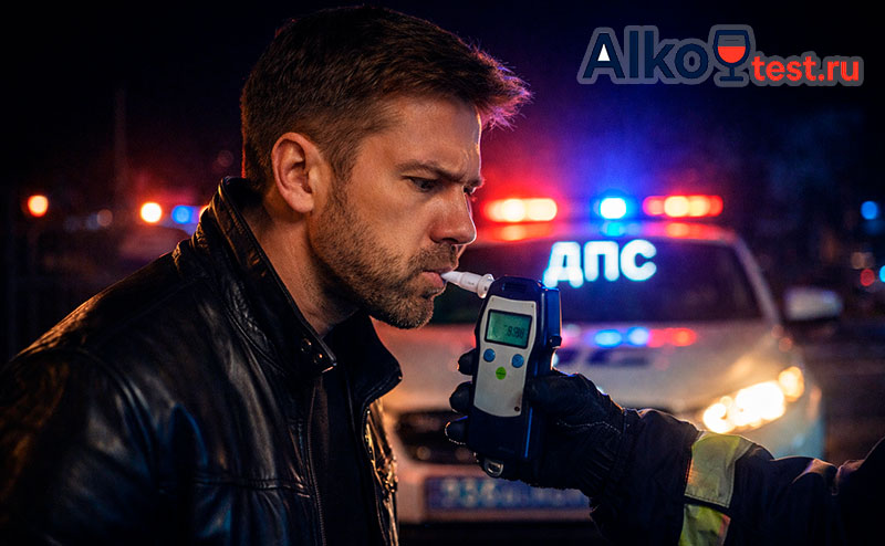 Водитель дует в алкотестер