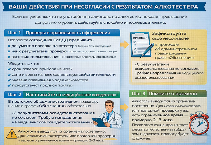 Действия при несогласии с результатом алкотестера