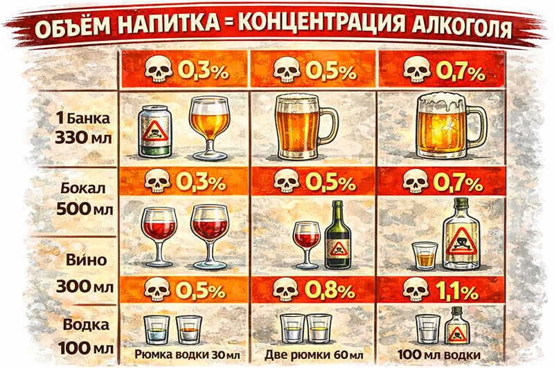 Таблица объёмов напитков и концентрации алкоголя в крови