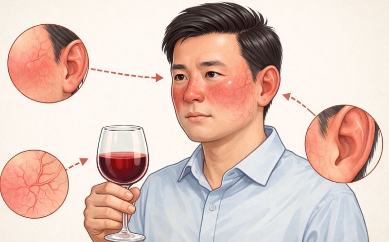 человек с покрасневшими щеками держит бокал