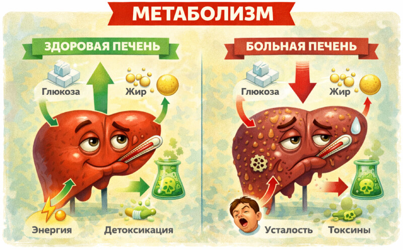 Сравнение метаболизма в здоровой и больной печени