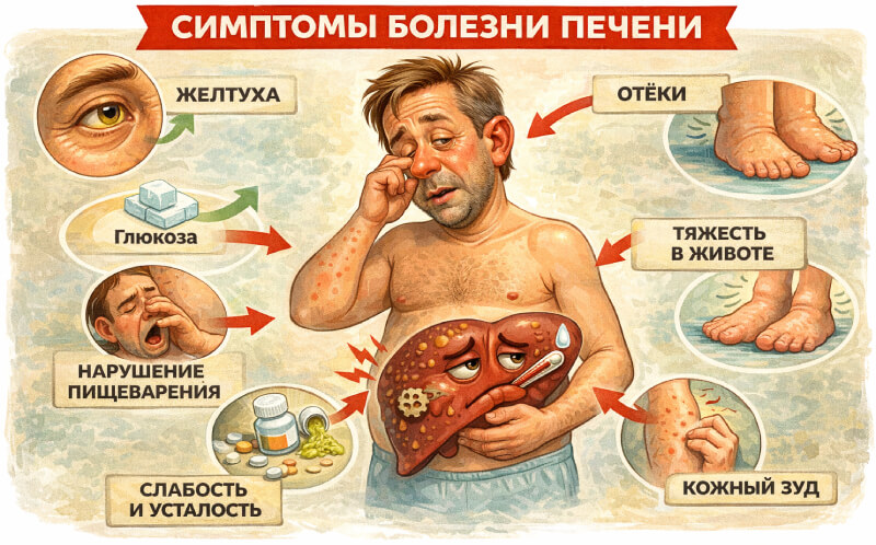 Симптомы нарушений работы печени