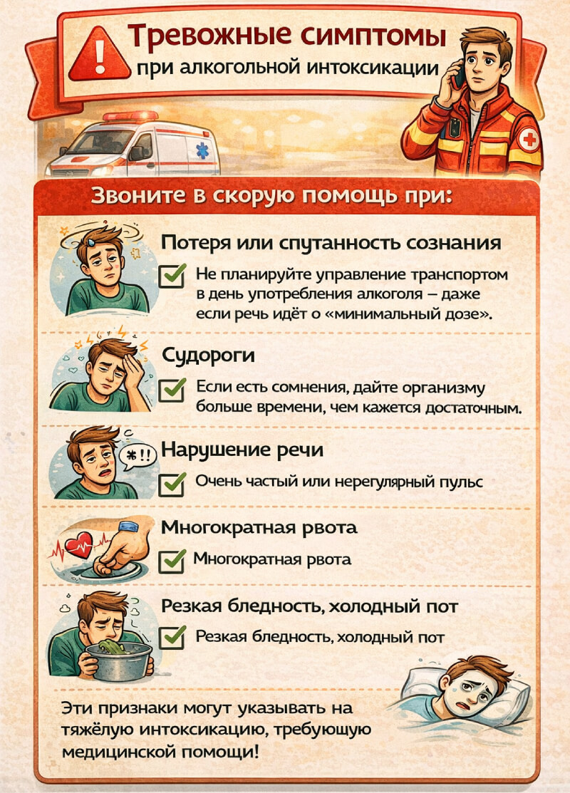 Тревожные симптомы при алкогольной интоксикации