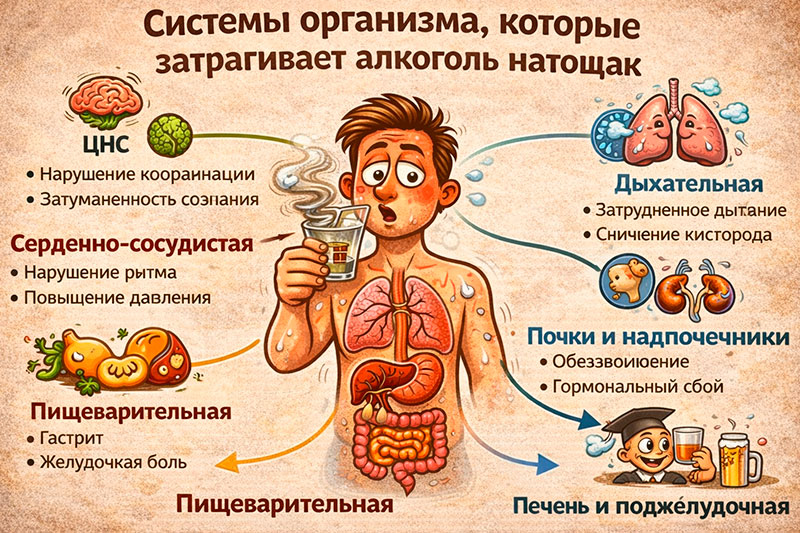 Системы организма, которые затрагивает алкоголь натощак