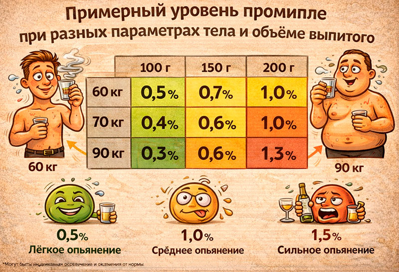 Уровень промилле при разных параметрах тела 