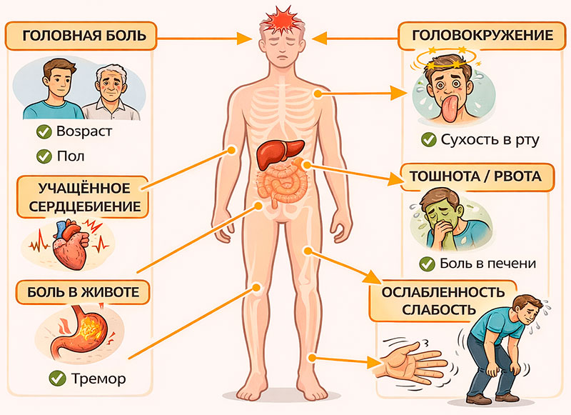 Схема-силуэт человека с указателями симптомов по зонам тела