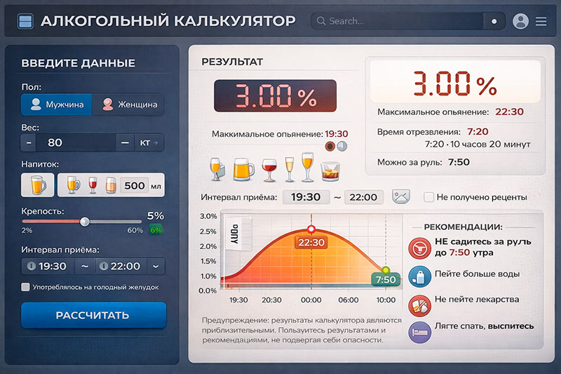 Интерфейс алкогольного калькулятора